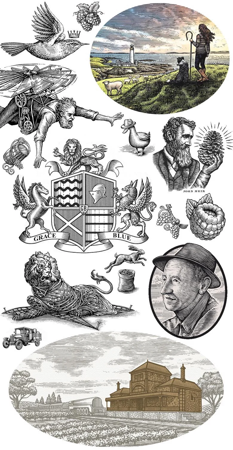 Steven Noble’s Scratchboard Illustrations Span Wine Labels, Whiskey and Footwear