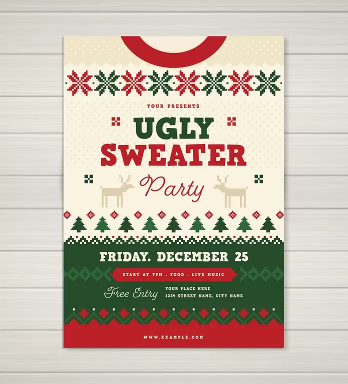 Vynetta’s editable ugly sweater Christmas party flyer template for Adobe Illustrator