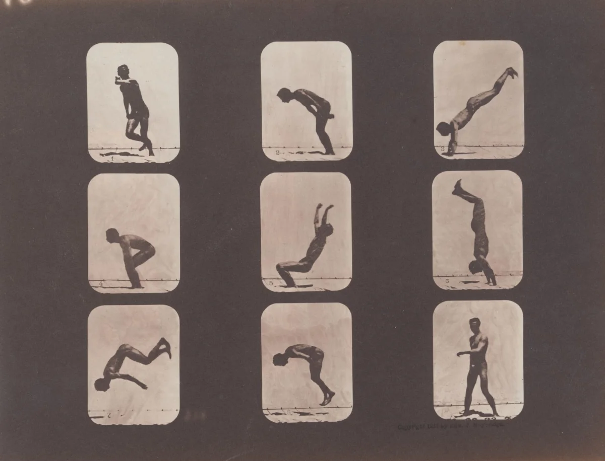 nine frames of Eadweard Muybridge's photographs depicting human motion