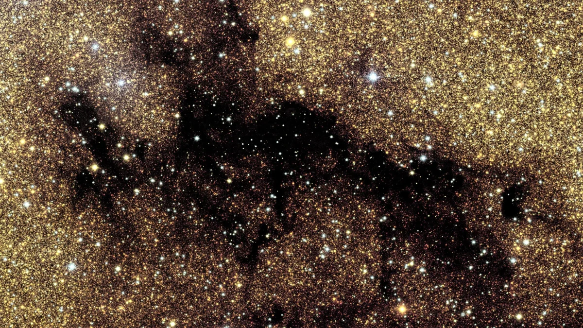 a tight view of a very detailed photograph of the bulge in the center of the Milky Way galaxy showing a dark molecular cloud