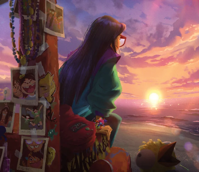Animated character teenage Raissa sitting on the hood of a jeep looking at a sunset over the ocean in the movie Forgotten Island.