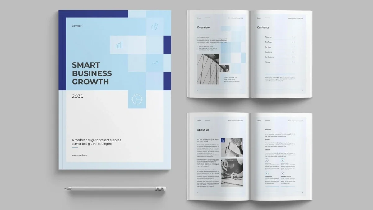 Corporate Brochure InDesign Template for Company Profiles and Annual Reports in US Letter and A4.