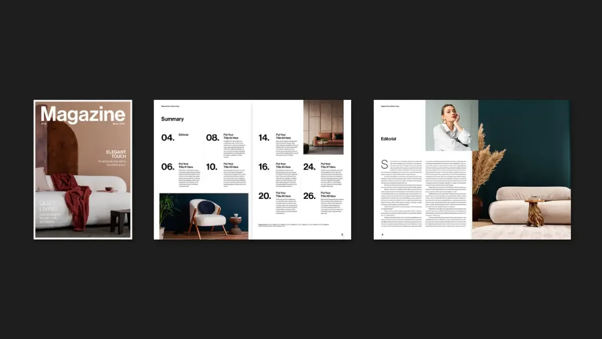 A customizable Adobe InDesign magazine template in A4 by graphic designer Tom Sarraipo with 36 pages in CMYK for professional printing.