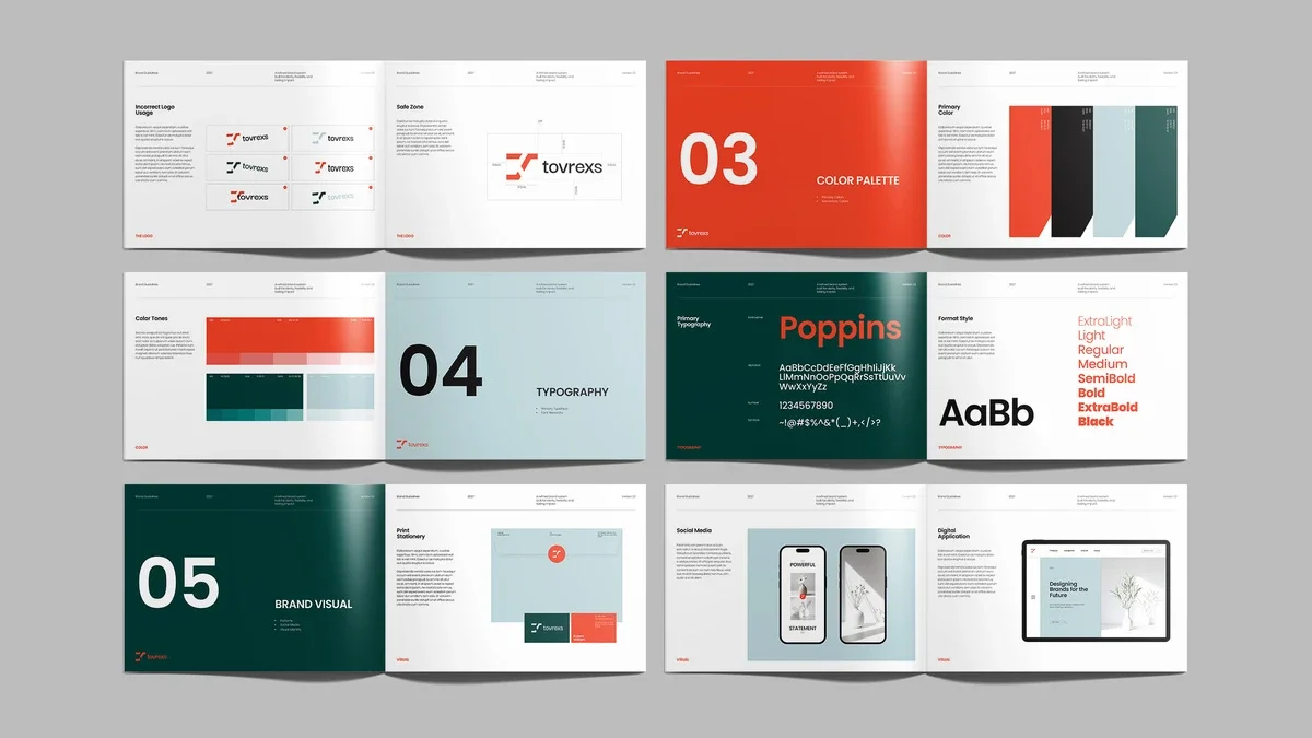Brand guidelines brochure template for Adobe InDesign layouts in A4 with orange and dark green accents by Designcy Studio.