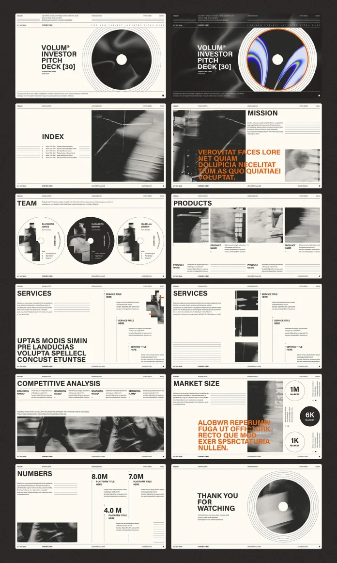 A sample pitch deck presentation template for Adobe InDesign.