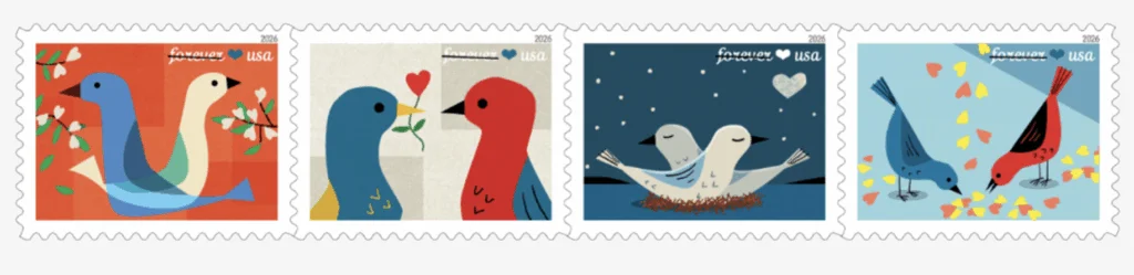 JY LOVE STAMPS ANNOUNCEMENT 10-28-25 James Yang's artwork for the USPS Love Series Forever Stamps